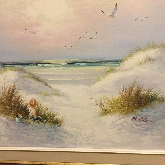 H Gibson Original art painting on canvas landscape 30" x 27" wood frame - Picture 7 of 9